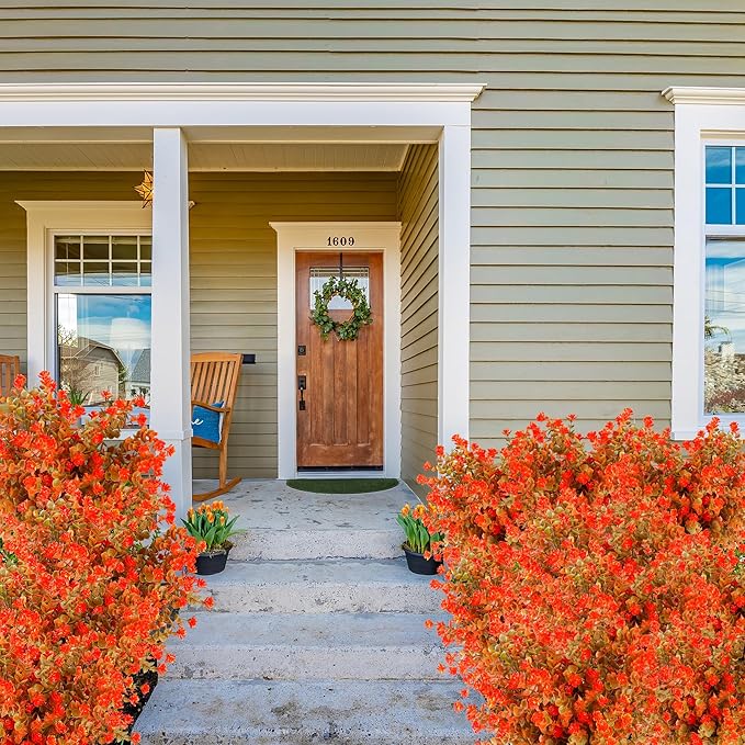 Sggvecsy 12 Bundles Artificial Flower Fall Eucalyptus Plants Fake Bushes Boxwood Shrubs Outdoor Greenery UV Resistant Faux Plastic Plants for Home Garden Indoor Fall Thanksgiving Autumn Decor (Fall)