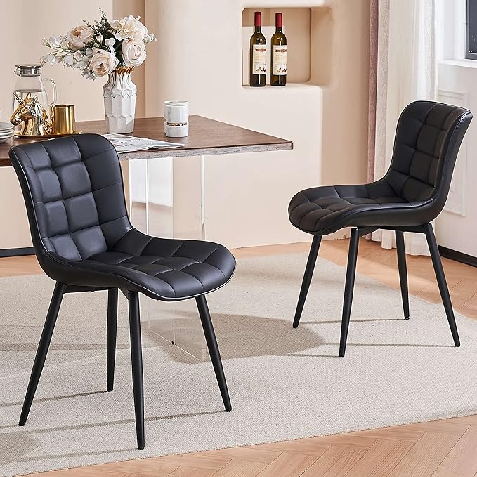 YOUTASTE All Black Dining Chairs Set of 2, Faux Leather Upholstered Armless Chairs with Back and Metal Legs, Mid Century Modern Kitchen Chairs for Living Room, Vanity, or Guest Reception Room