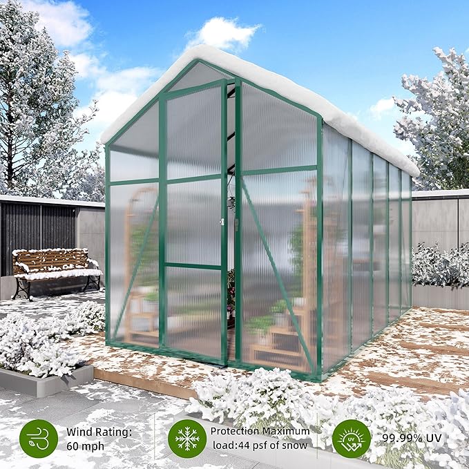 6*4.2*7.2FT Greenhouse for Outdoors, Polycarbonate Greenhouse with Stronger Wind Protection and Roof Vent, Walk-in Large Aluminum Sunroom Winter Proof, Green