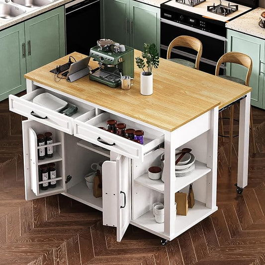 Merax Kitchen Island on Wheels with Extendable Dining Table & Power Outlet, Wood Kitchen Rolling Cart with Internal Storage Rack, 2 Drawers & 2 Cabinets, 47" Wide White