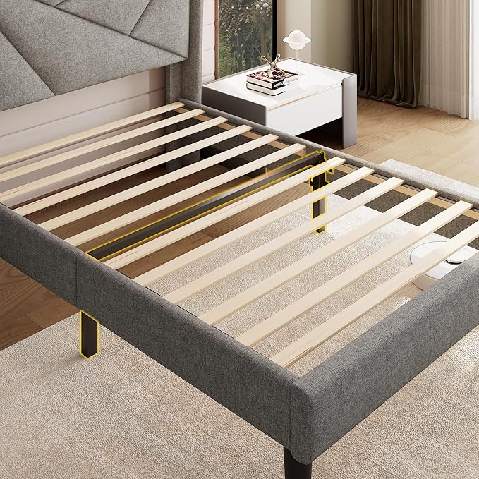 iPormis Twin Size Bed Frame with Charging Station, Linen Platform Bed Frame with Wingback Headboard Upholstered Bedframe, Solid Wood Slats Support, No Box Spring Needed, Easy Assembly, Light Grey