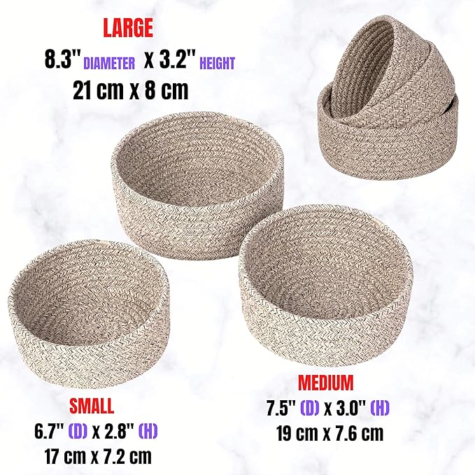 MINTWOOD Design Set of 3 Cotton Rope Nesting Bowls, Small Catch All Basket, Cute Closet Baskets and Bins for Shelves, Mini Table Basket Organizer for Small Accessories, Light Brown