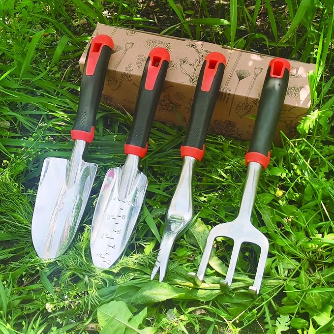 Garden Tools Set, 4 Piece Aluminum Hand Tool Kit with Ergonomic Handle, Heavy Duty Gardening Tools Include Hand Trowel, Transplant Trowel, Hand Rake and Weeder (Orange)