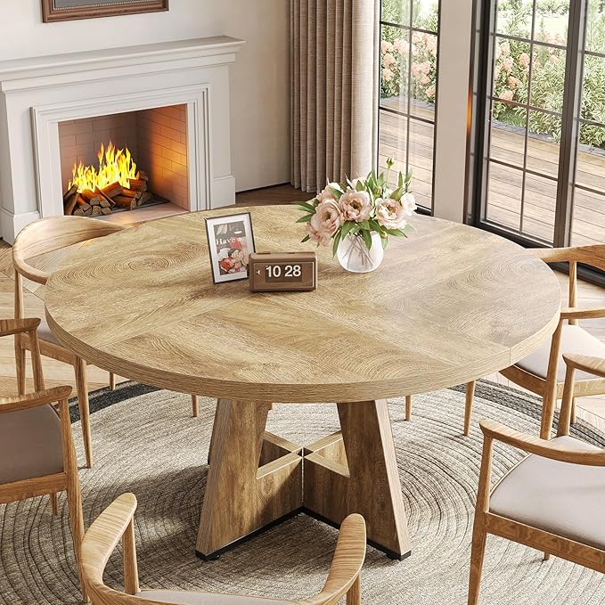 LITTLE TREE Round Dining Table for 4-6 People, 47 Inches Dining Room Table with Wooden Pedestal Base, Circle Kitchen Tables for Dining Room, Kitchen, Living Room, Oak