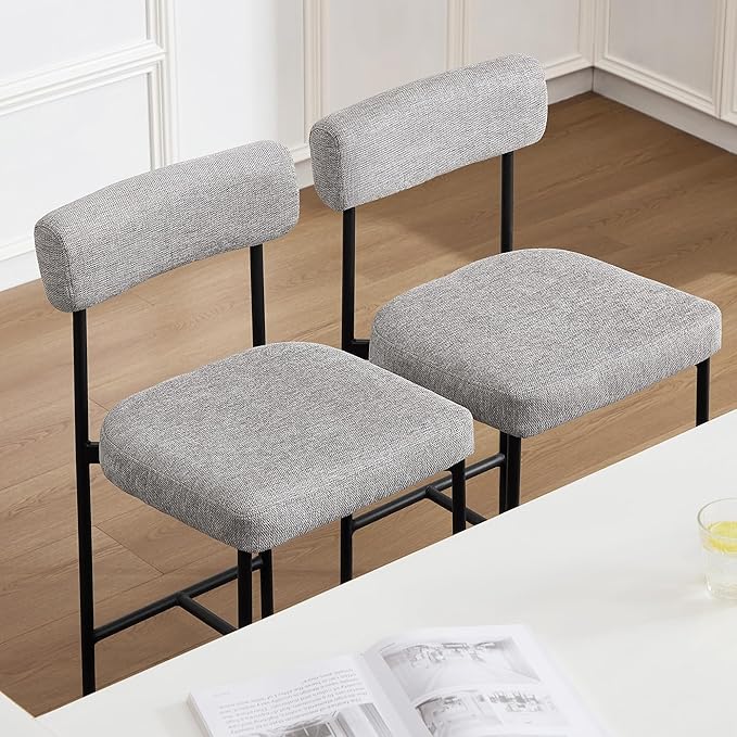 Counter Height Bar Stools Set of 2, Modern Upholstered Bar Stools with Back, Linen Counter Height Chairs with Metal Legs and Padded Cushion for Kitchen Island, Home Pub and Bars, Gray