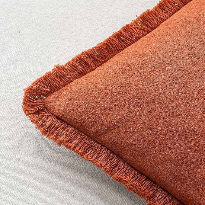 MIULEE Decorative Throw Pillow Covers Neutral Linen Fringe Throw Pillows Set of 2 Burnt Orange Boho Farmhouse Cushion Covers with Tassels for Couch Sofa Bed Living Room Home Decor 18x18 Inch