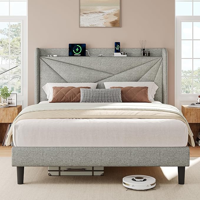 iPormis Queen Size Bed Frame with Charging Station, Linen Platform Bed Frame with Wingback Headboard Upholstered Bedframe, Solid Wood Slats Support, No Box Spring Needed, Easy Assembly, Light Grey