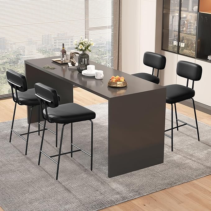 Counter Height Bar Stools Set of 2, 26" Faux Leather Kitchen Counter Stools with Backs, Metal Legs, Footrest, Bar Chairs for Kitchen Island, Black