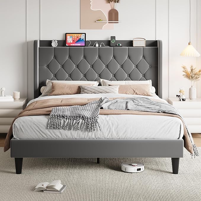 SHA CERLIN Full Size Platform Bed Frame with Charging Station, Velvet Wingback Headboard with Storage Shelf, Wooden Slats Support, Ample Under-Bed Space, No Box Spring Needed, Easy Assembly, Grey