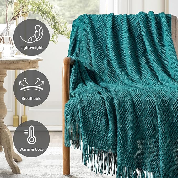BOURINA Teal Throw Blanket 50x60 Inches Throw Textured Solid Soft Ripple Throws and Blankets for Sofa or Bed Knitted Decorative Blanket
