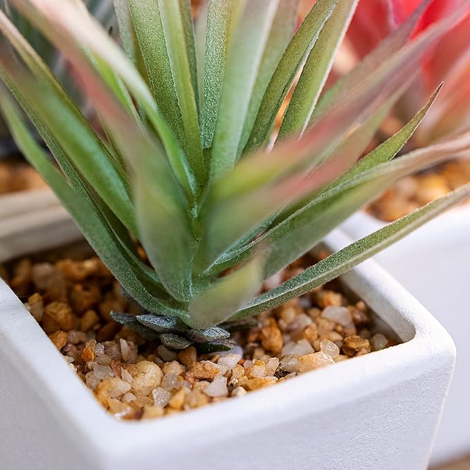 SUNPRAIRIE Classic Set of 4 Faux Succulents 7” Tall in Ivory White Stucco Ceramic Pots-Realistic Multi Colored Artificial Succulents Plants for Home & Office Decor.