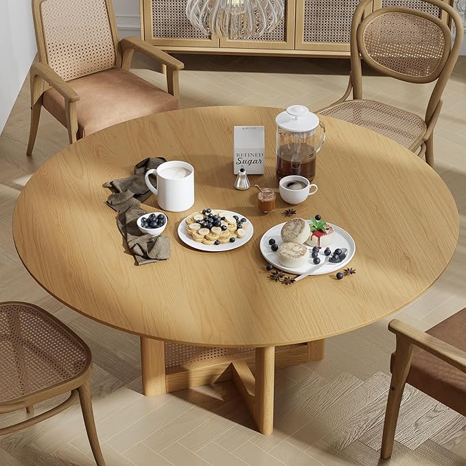 Casaphoria 60" Round Dining Table, Modern Kitchen Table for 8, Scratch-Resistant Top & Rattan Base, Farmhouse Dinner Table for Living Room, Kitchen, Bar, Easy Assembly, Oak