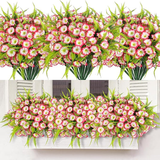 Artificial Flowers Outdoors 12 Bundles Pink Artificial Petunias Fake Flowers UV Resistant Shrubs Plants with Fern for Indoor Outside Hanging Planters Home Garden Summer Decorations