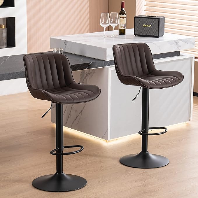 YOUNUOKE Counter Height Bar Stools Set of 2, Adjustable Swivel Stool Chairs with Back, Brown Faux Leather Upholstered, Mid-Century Modern Barstools for Kitchen Island, Dining Room, Home Bar, Bistro