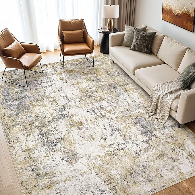 Area Rugs for Living Room: 8X10 Large Soft Washable Rug Modern Abstract Non-Slip Backing Stain Resistant Carpet for Bedroom Dining Room or Home Office Home Decor -Gray Gold