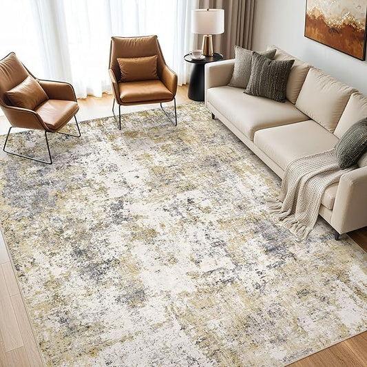 Area Rugs for Living Room: 7X9 Large Soft Washable Rug Modern Abstract Non-Slip Backing Stain Resistant Carpet for Bedroom Dining Room or Home Office Home Decor -Gray Gold