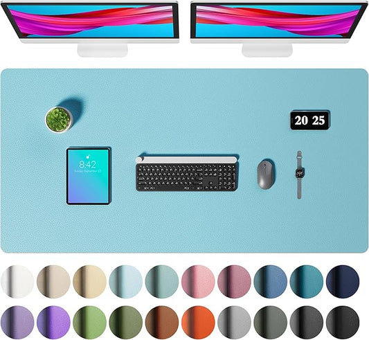 Aothia Faux Leather Desk Mat – Large Mouse Pad, Non-Slip PU Leather Blotter, Waterproof Writing Surface for Office and Home (Blue Topaz, 47.2" x 23.6")