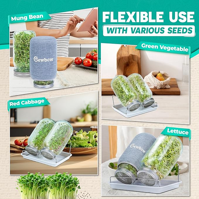 [LARGE SIZE] 2000ml(68oz) Seed Sprouting Mason Jar Kit with Stand,Drain Tray, Screen Lids,Blackout Sleeves,Good Ventilation & Drainage Capacity,Growing Fresh Organic Mung Beans,Broccoli & Microgreens