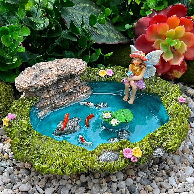 Mood Lab Fairy Garden - Miniature Fish Pond & Fairy Figurine Kit - 2 pcs Set of Garden Accessories - Outdoor or House Decor