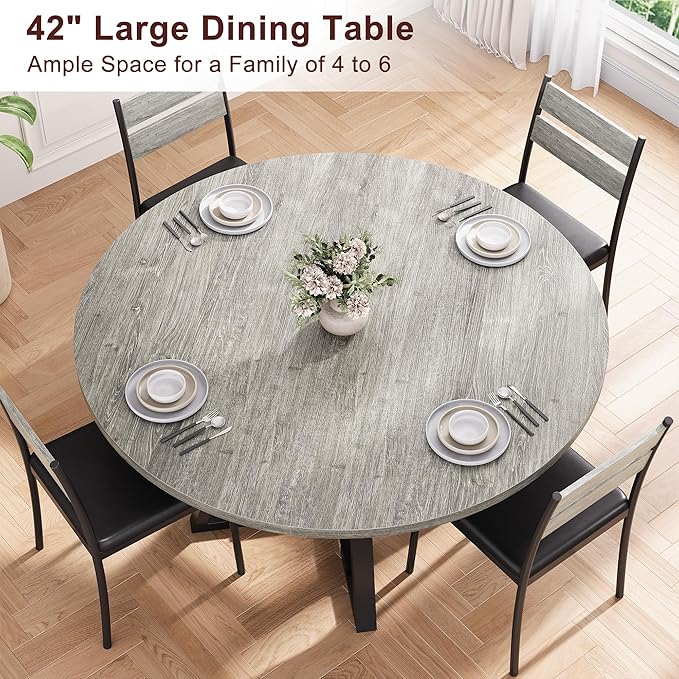 Round Dining Table for 4,Kitchen Dining Room Circle Dinner Pedestal Table,Space Saving Wood Kitchen & Dining Room Furniture, 42In,Grey