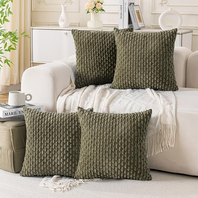Set of 4 Olive Green Decorative Throw Pillow Covers 20x20 Inch Corduroy Pillow Covers for Bed Couch Sofa Living Room Soft Square Cushion Cases