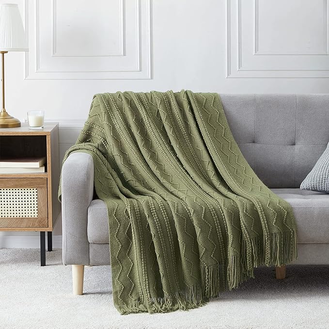 BOURINA Olive Throw Blanket 50x60 Inches Throw Textured Solid Soft Sofa Couch Decorative Knit Blanket
