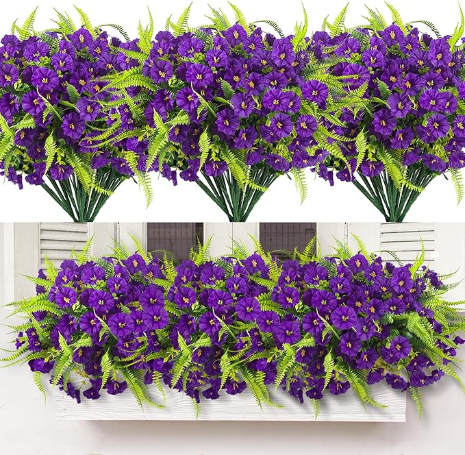 Artificial Flowers Outdoors 12 Bundles Artificial Petunias Fake Flowers UV Resistant Shrubs Plants with Fern for Indoor Outside Hanging Planters Home Garden Summer Decorations (Purple)