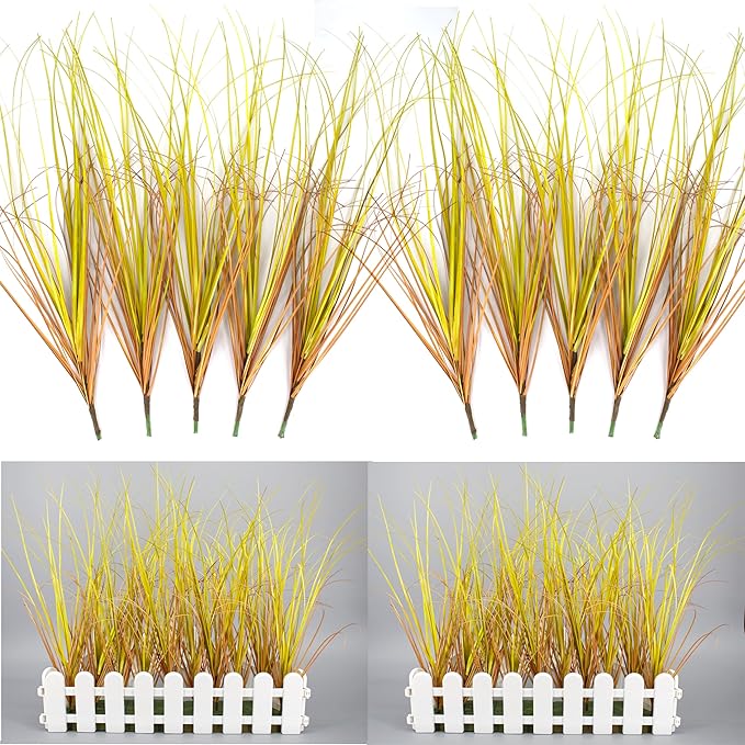10PCS Artificial Plants Outdoor,Artificial Shrubs Fake Tall Grass,Artificial Faux Greenery Stems,Fake Leaves Artificial Grass Plant Onion Grass UV Resistant for Indoor Decor (10, Brown)