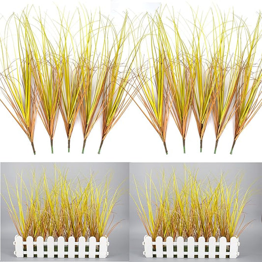 10PCS Artificial Plants Outdoor,Artificial Shrubs Fake Tall Grass,Artificial Faux Greenery Stems,Fake Leaves Artificial Grass Plant Onion Grass UV Resistant for Indoor Decor (10, Brown)