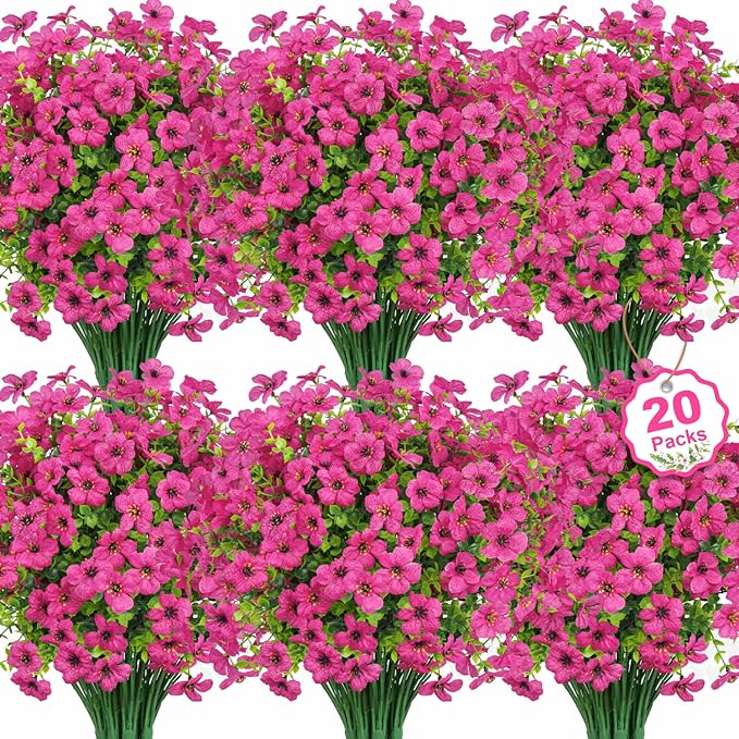 20 Bundles Artificial Flowers for Outdoors Decoration Fake Silk Flowers UV Resistant Faux Plants Artificial Daisy Eucalyptus for Spring Summer Garden Yard Porch Window Home Decor, Fuchsia
