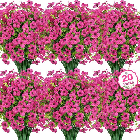 20 Bundles Artificial Flowers for Outdoors Decoration Fake Silk Flowers UV Resistant Faux Plants Artificial Daisy Eucalyptus for Spring Summer Garden Yard Porch Window Home Decor, Fuchsia