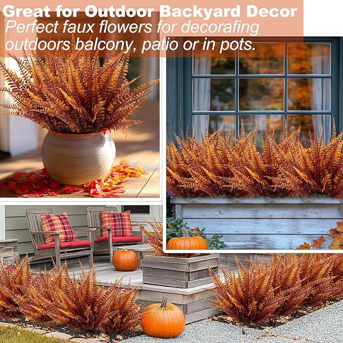 TURNMEON 20 Bundles Artificial Fall Flowers for Outdoors Fall Decorations, UV Resistant Fall Plants Faux Boston Fern Fake Mums Plastic Greenery Shrubs for Home Porch Gardens Autumn Thanksgiving Decor