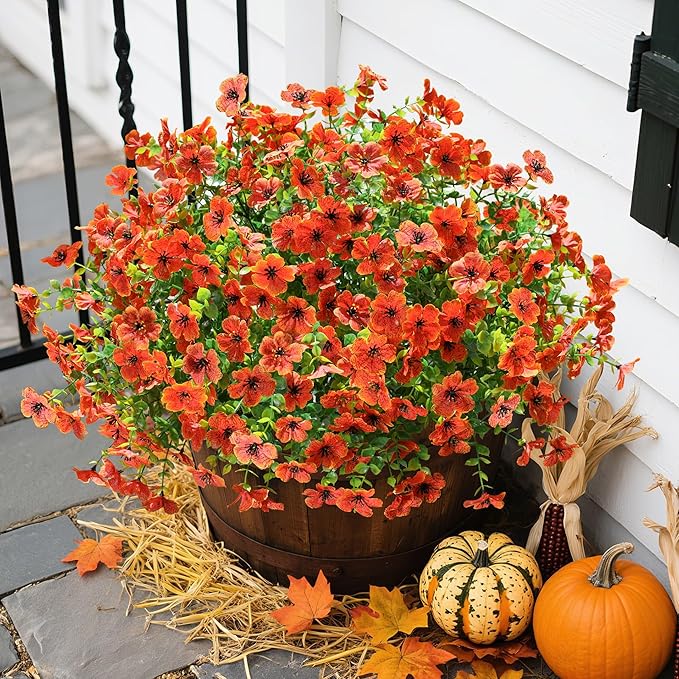 Artificial Fake Fall Mums Flowers Plants for Outdoor Outside Decoration, 12 Bundles Faux Silk Orange Daisy UV Resistant Look Real for Autumn Front Door Porch Planter Patio Garden Home