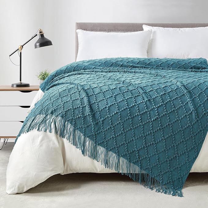 BOURINA Teal Throw Blanket 50 x70 Inches Jacquard Argyle Throw Textured Solid Soft Throws and Blankets for Sofa or Bed Knitted Decorative Blanket