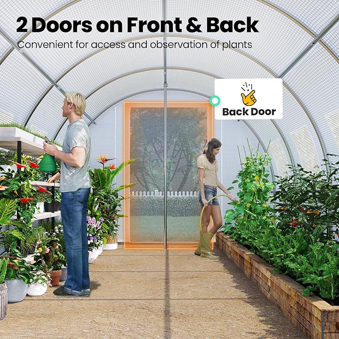 KING BIRD Premium 25x10x6.6FT Greenhouse for Outdoors, Large Walk-in Heavy Duty Galvanized Steel Frame, Mesh Door Screen Window Upgraded Zipper Tunnel Hoop for Garden Plant Winter, White