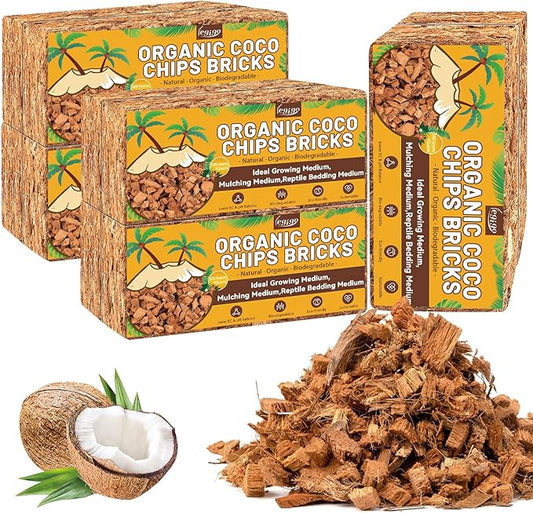 Legigo 10 Pack Coco Husk Chips- 11 LB 100% Organic Coconut Coir Chips Brick Potting Soil Mix with Low EC & PH Balance, Compressed Coconut Substrate Coco Chips Mulch Medium for Garden, Flowers, Plants