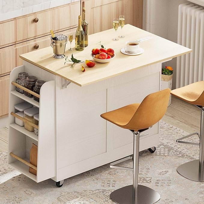 IRONCK Kitchen Island Table with Storage, Rolling Kitchen Cart with Power Outlet, Storage Cabinets on Wheels with Drop Leaf, Portable for Dining Room, White
