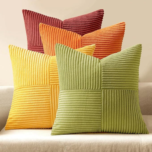 MIULEE Fall Burnt Orange Decorative Throw Pillow Covers 18x18 Inch Set of 4 Boho Color-Clash Cushion Covers Modern Farmhouse Pillow Cases Corduroy Striped Decor for Couch Sofa Bed(Terracotta,Rust)