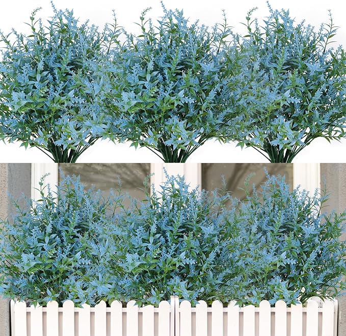 RECUTMS 20 Bundles Outdoor Artificial Flowers UV Resistant Fake Outdoor Plants, Faux Greenery for Indoor Outside Hanging Plants Garden Porch Window Box Home Wedding Farmhouse Décor(Blue)