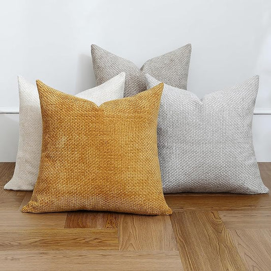 Stellhome 4 Packs Neutral Decorative Throw Pillow Covers Chenille Woven Textured Luxury Accent Cushion Cases for Living Room Couch Bed Sofa Farmhouse Boho Home, 16x16 inch, Neutral Mustard Yellow