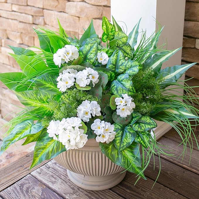 10 Bundles Artificial Greenery Plants & Flowers for Outdoor UV Resistant Fake Plants Plastic Leaves with Stems for Outside Garden Porch Decor (Mixed-White)