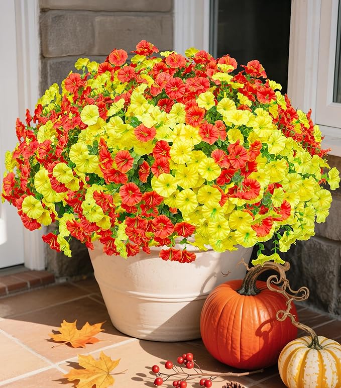 Fake Mums Fall Artificial Flowers Plants for Outdoors Autumn Decoration, 12 Bundles Silk Morning Glory with Eucalyptus Realistic UV Resistant Faux Mums for Outside Planter Yard Garden Home Indoor, Mix