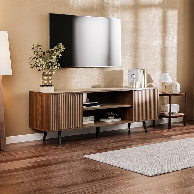 Modern TV Stand with Storage Cabinet, Wood Fashionable TV Cabinet with Waveform Panel and Adjustable Shelf, Entertainment Center TV Stand for TV, Living Room (Dark Walnut Wood)