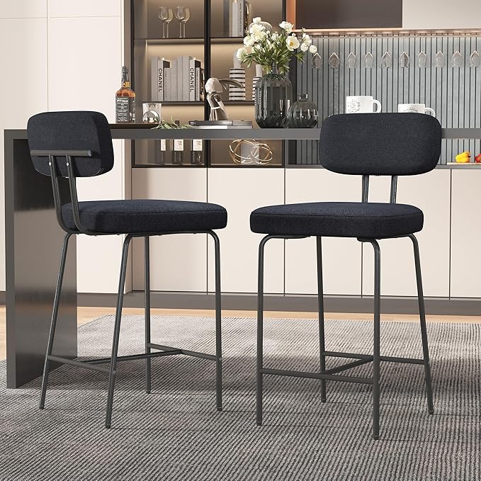 Counter Height Bar Stools Set of 4, 26" Fabric Kitchen Bar Stools with Back, Counter Barstools with Metal Legs, Bar Chairs for Kitchen Island, Black