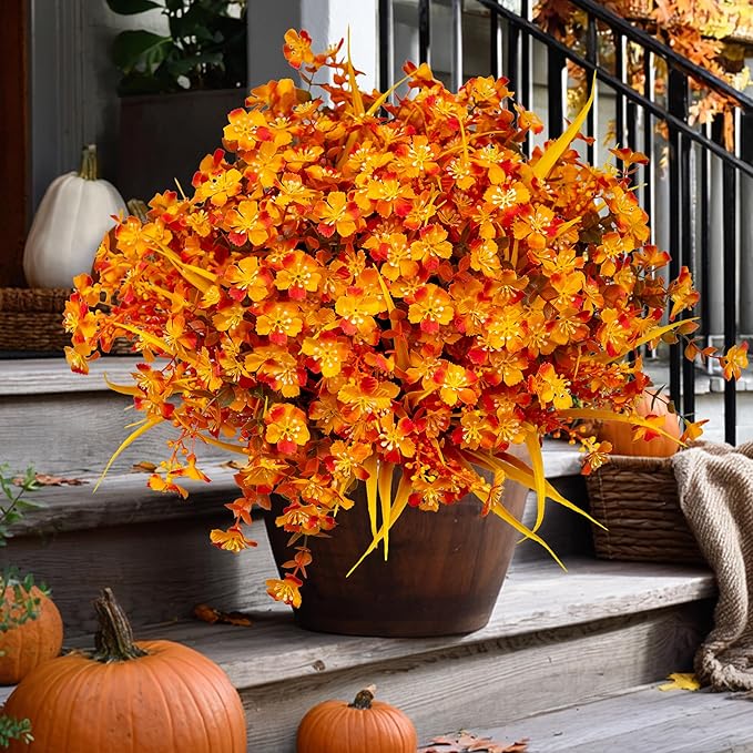 Artificial Mums for Outdoor Fall Flowers - Fake Plants UV Resistant No Fade Faux Plastic Home Decor Garden Porch Patio (1, OrangeMixed)