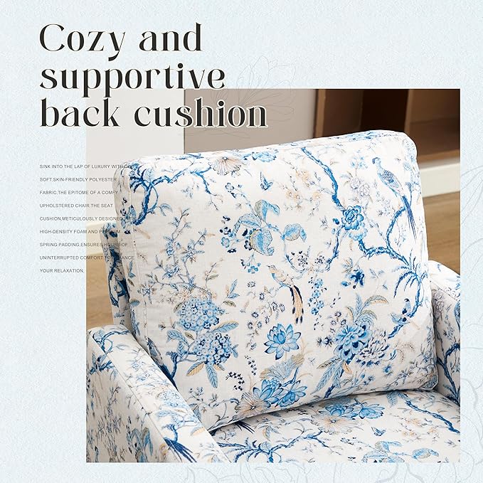 Mid-Century Accent Chair,Modern Linen Fabric Armchair for Living Room,Comfy Upholstered Reading Accent Chairs for Bedroom,Single Sofa Chair with Wood Legs (Blue Flowered Bird, 2 Pack)