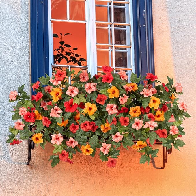 Artificial Fake Fall Flowers Plants for Outdoor Decoration, 2PCS Fall Silk Faux Flowers Petunias Planter, No Fade UV Resistant Flower for Garden Porch Yard Patio Window Box Autumn Indoor Decor(Orange)