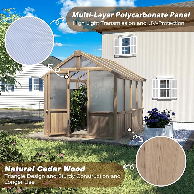 6x8 FT Greenhouse Kit for Outdoor, 6MM Thick Polycarbonate Panel Wooden Walk-in Green House with Lockable Door and Adjustable Roof Vent, Backyard Garden, Light Mocha Brown