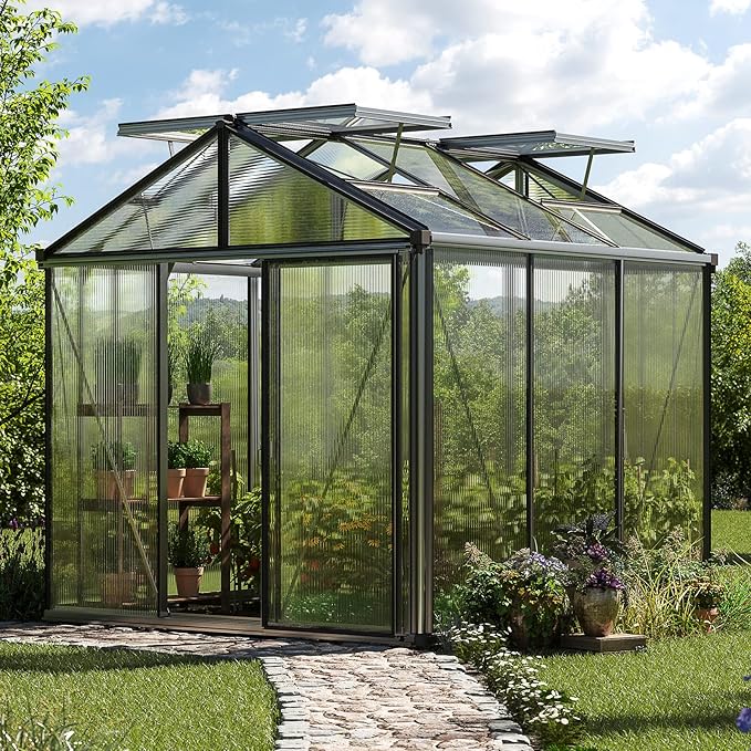 Greenhouse Diamas 21 Premium 7.7 x 7.7 ft with Approx. 16 mm Polycarbonate Panels, Natural Aluminum Color, with 2 Automatic Vent Openers
