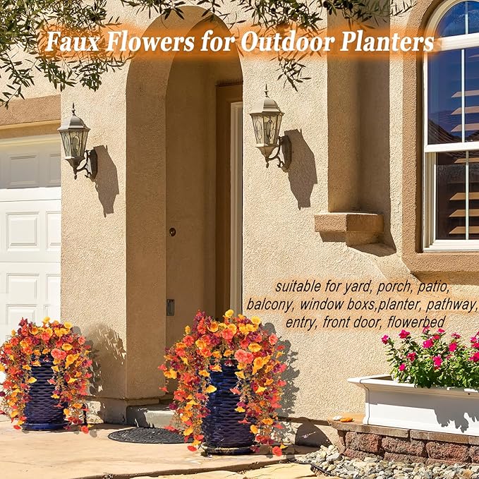 Artificial Mums for Outdoors, 4 pcs Fall Faux Flowers for Outdoor Planters, Fake Mums with Eucalyptus Leaves for Yard Patio Lawn Garden, Fall Porch Decor, Autumn Morning Glory Silk Flowers